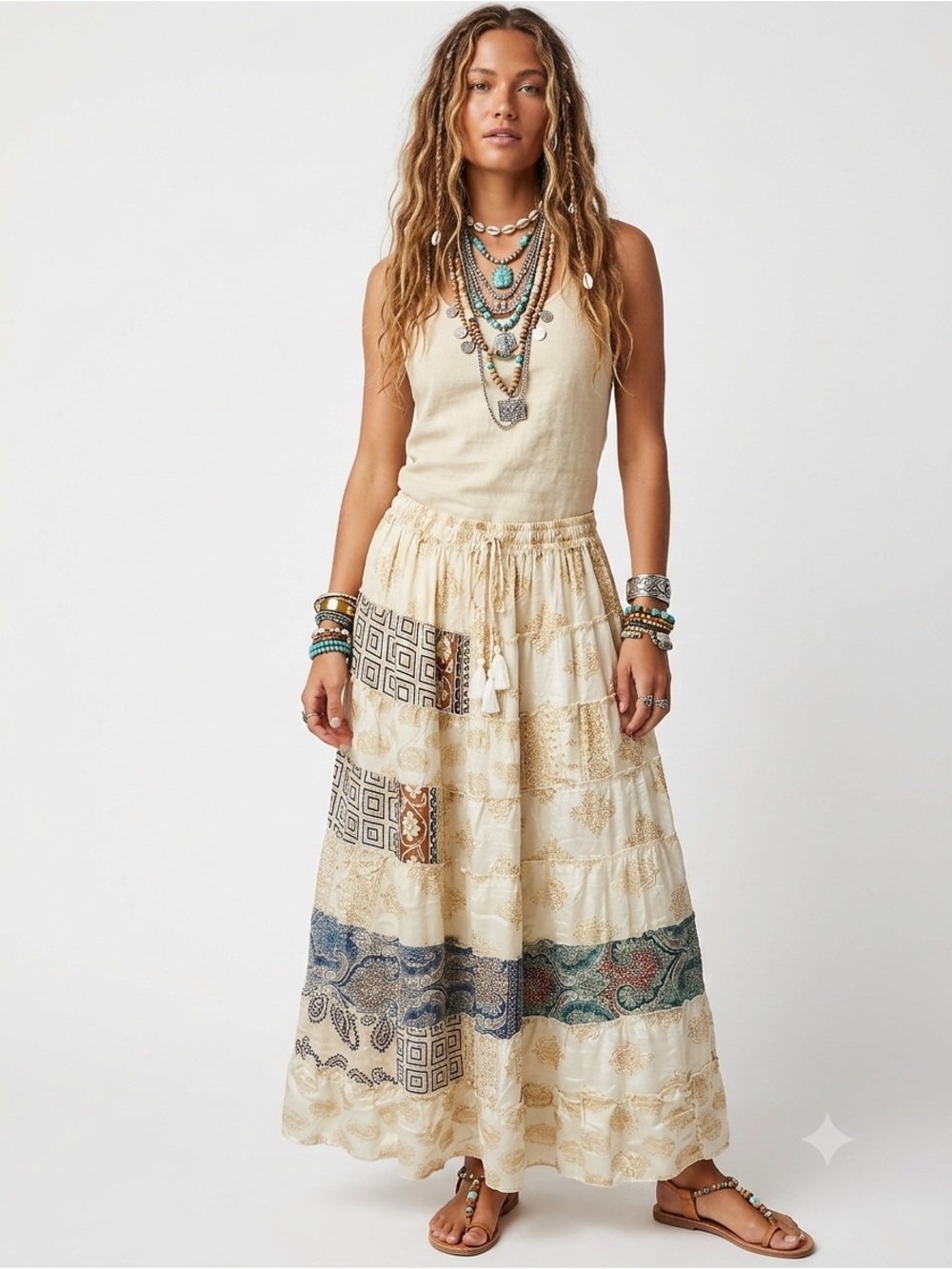 36. Boho Patchwork Sari Silk Maxi Skirt Festival Hippie Gypsy One Size India